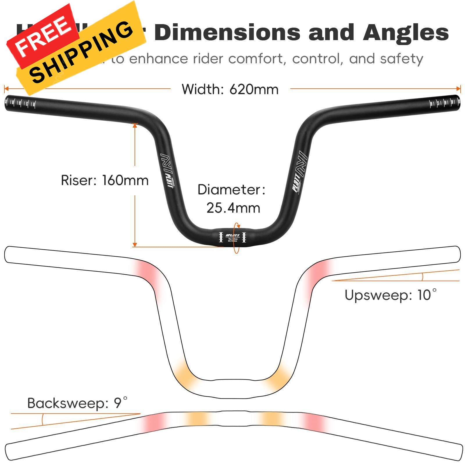 PLATT 25.4/31.8mm Mountain Bike Handlebar/Riser Handlebar – 160mm Rise, black