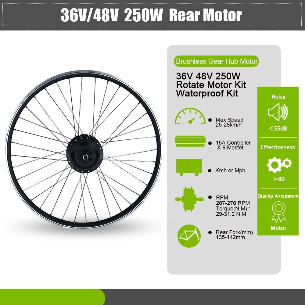 E-bike Conversion Kit 36V 48V 250W Rear Rotate Hub Motor Wheel 16- 29Inch/700c