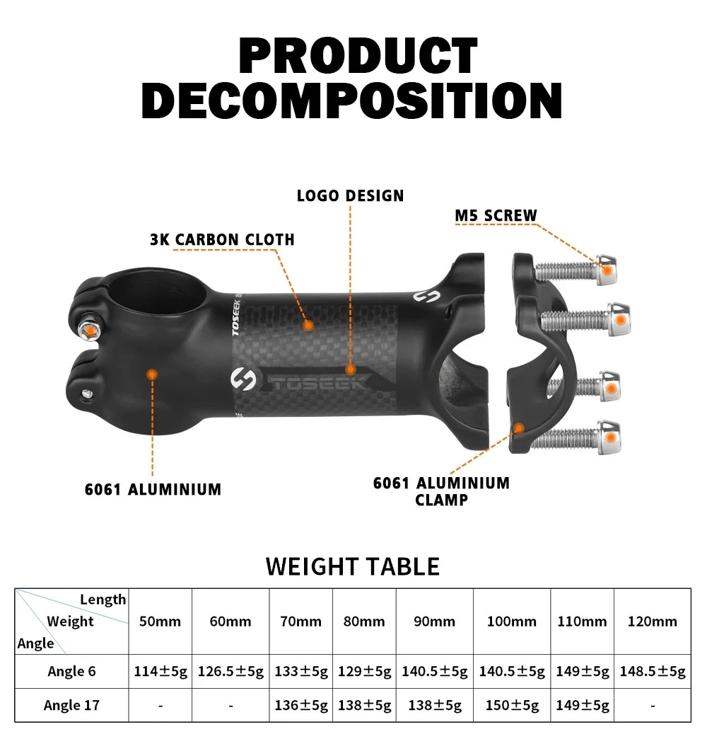Bicycle Stem 28.6 – 31.8mm Bike Handlebar Stem 6 Degree or 17 Degree 60-120mm