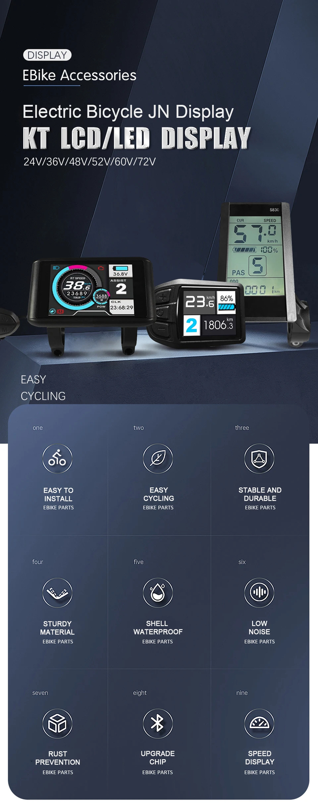 E-bike Display 24V/36V/48V/60V/72V Waterproof/SM Plug for E-bike Conversion Kit