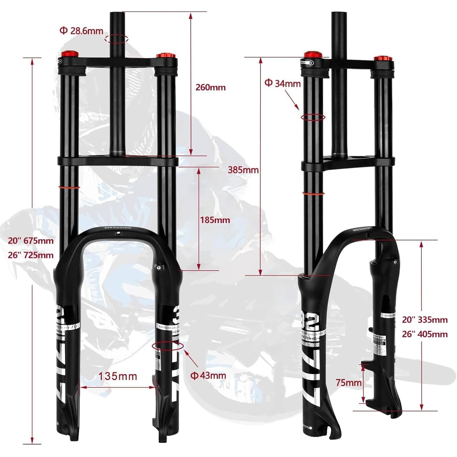 ZTZ 20/26 inch 4.0 Fat Tire Bike Air Suspension Fork – 180mm Travel, 135mm Hub,