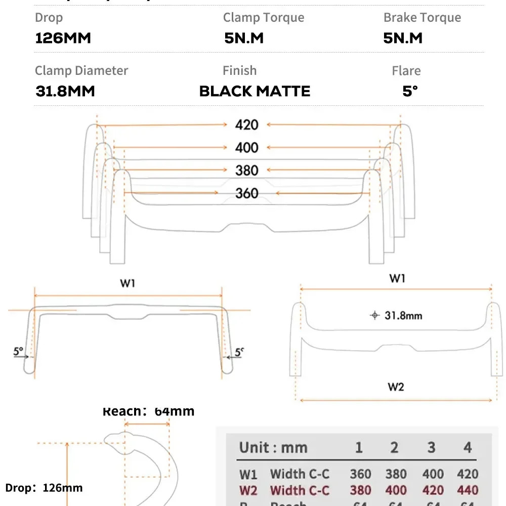 Road Bike Handlebar 380mm/400mm/420mm/440mm Black Matt Fully Internal Routing