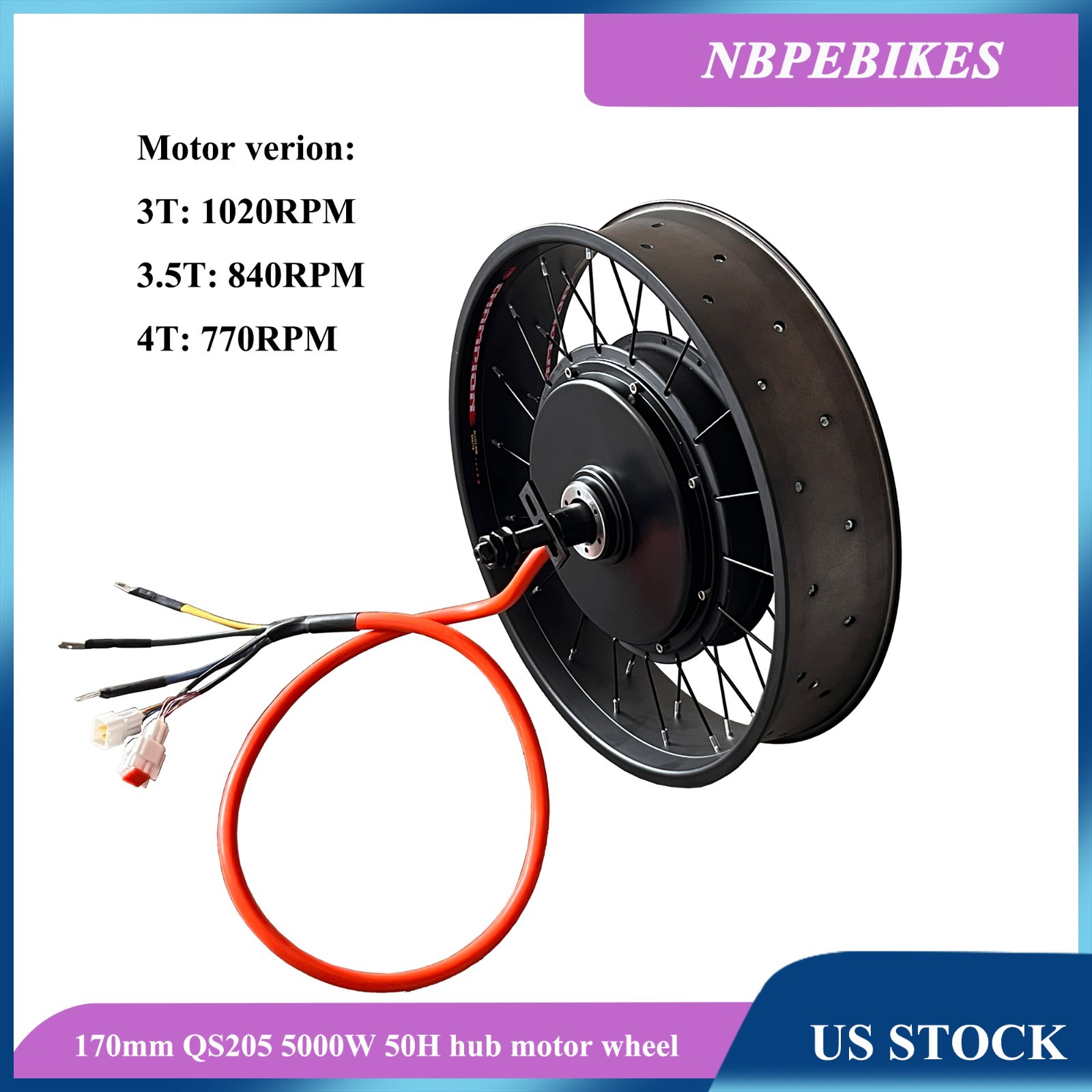 US stock:QS205 48-72V 5000W 170/190mm 50H BLDC hub motor wheel with tire.