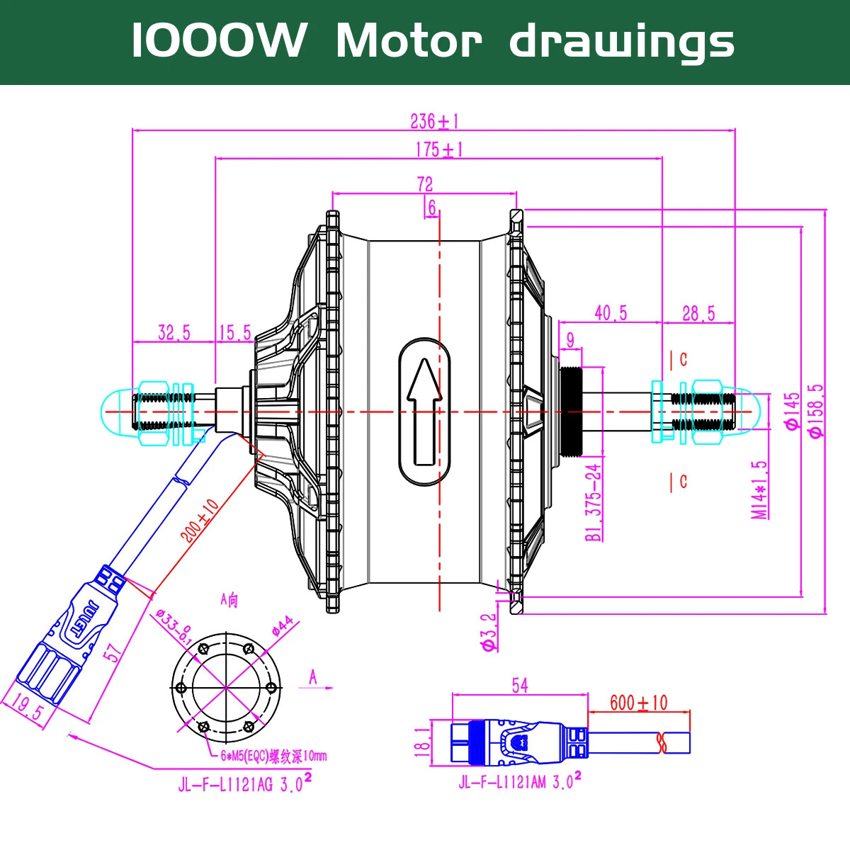 48V1000W Ebike Fat Tire Motor Brushless Gear Rear Rotate Motor Dropout 170-175mm