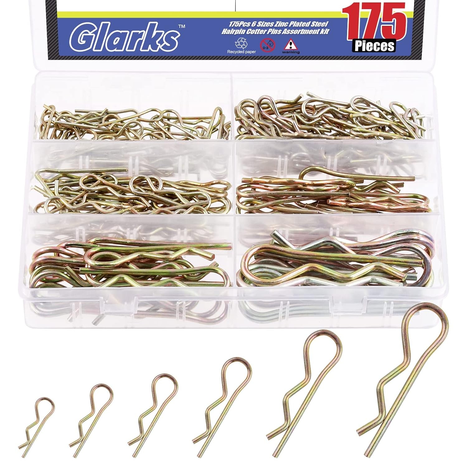 Glarks 175Pcs Hairpins R Clips Cotter Pins Assortment Kit 6 Sizes Zinc…