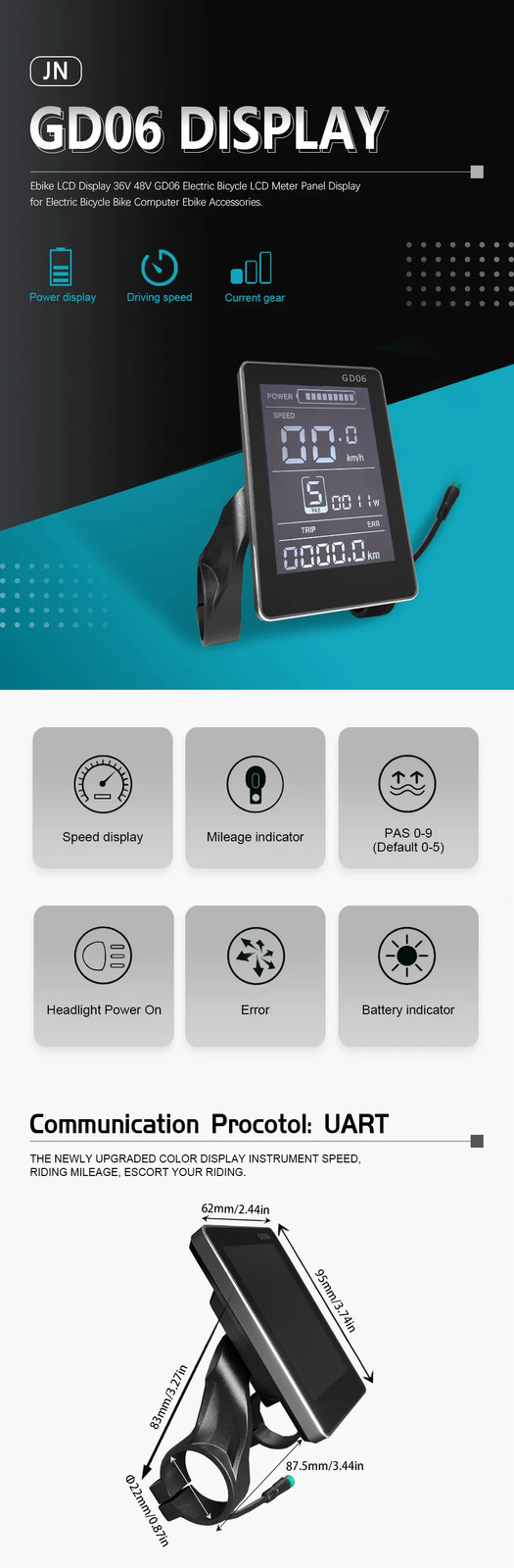 E-Bike LCD GD06 Display Waterproof/SM Connector Communication Protocol No. 2 Use