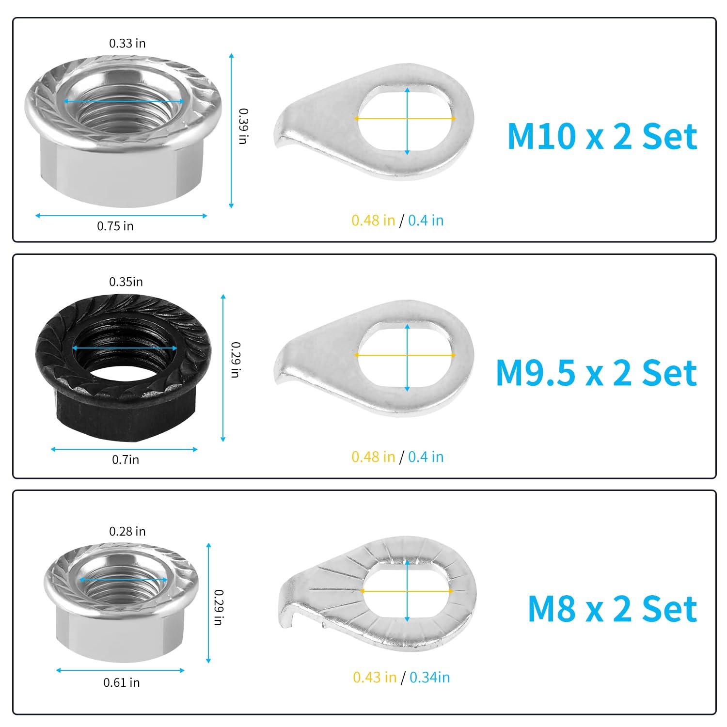 12PCS Bicycle Axle Nuts and Safety Washers, 3 Size M8 M9.5 M10 Bike Wheel Nut…