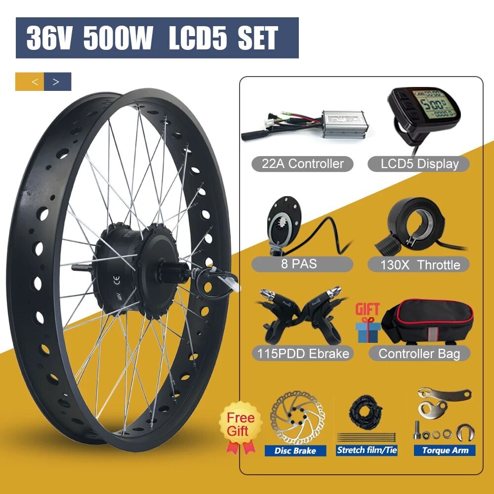 Snow E-bike Conversion Kit 20/26in 36V 48V 500W Rear Cassette Hub Motor Wheel