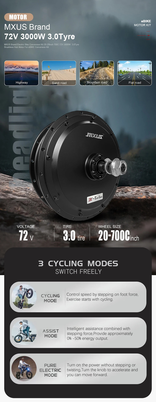 Mountain Electric Bike 72V 3000W Brushless Rear Hub Motor Wheel 20-29Inch 700C