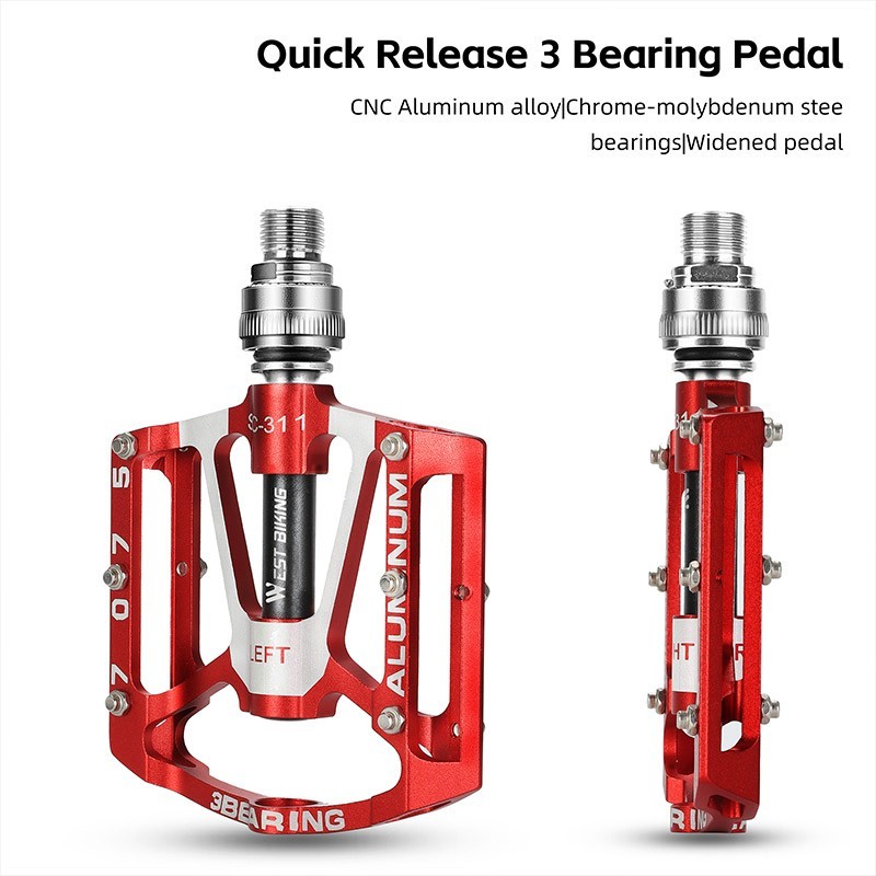 WEST BIKING Quick Release MTB Bike Bicycle Pedals 3 Sealed Bearing a Pair Red