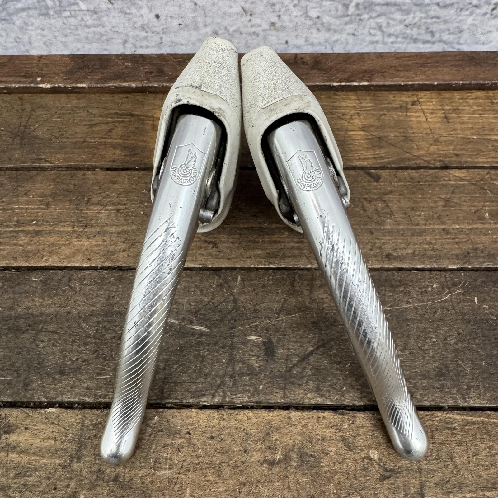 Vintage Campagnolo Brake Levers C-Record Chrous White Hoods 4-Finger Drop Bar