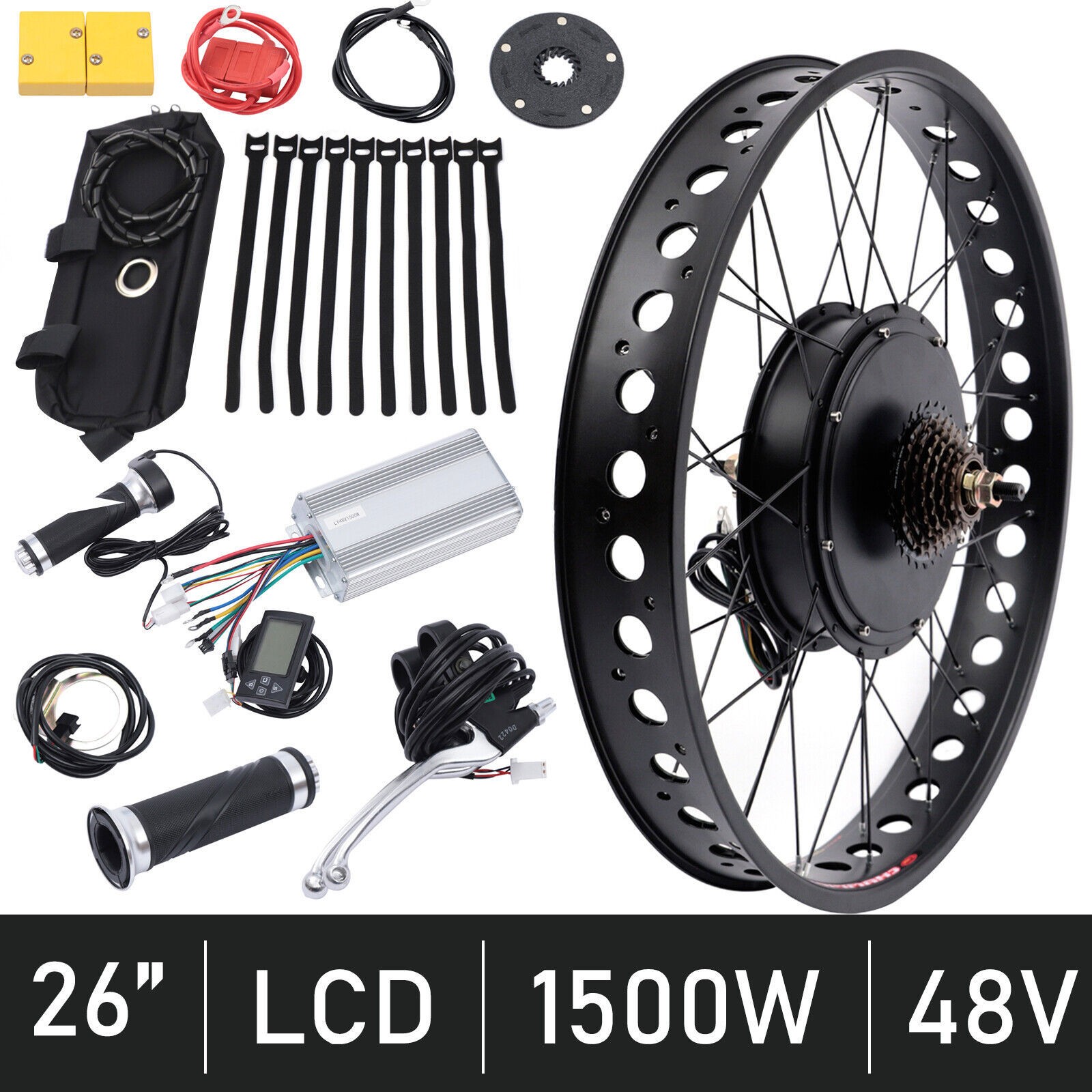 26″ 48V 1500W E bike Fat Tire Bicycle Rear Hub Motor Conversion Snow Wheel Kit