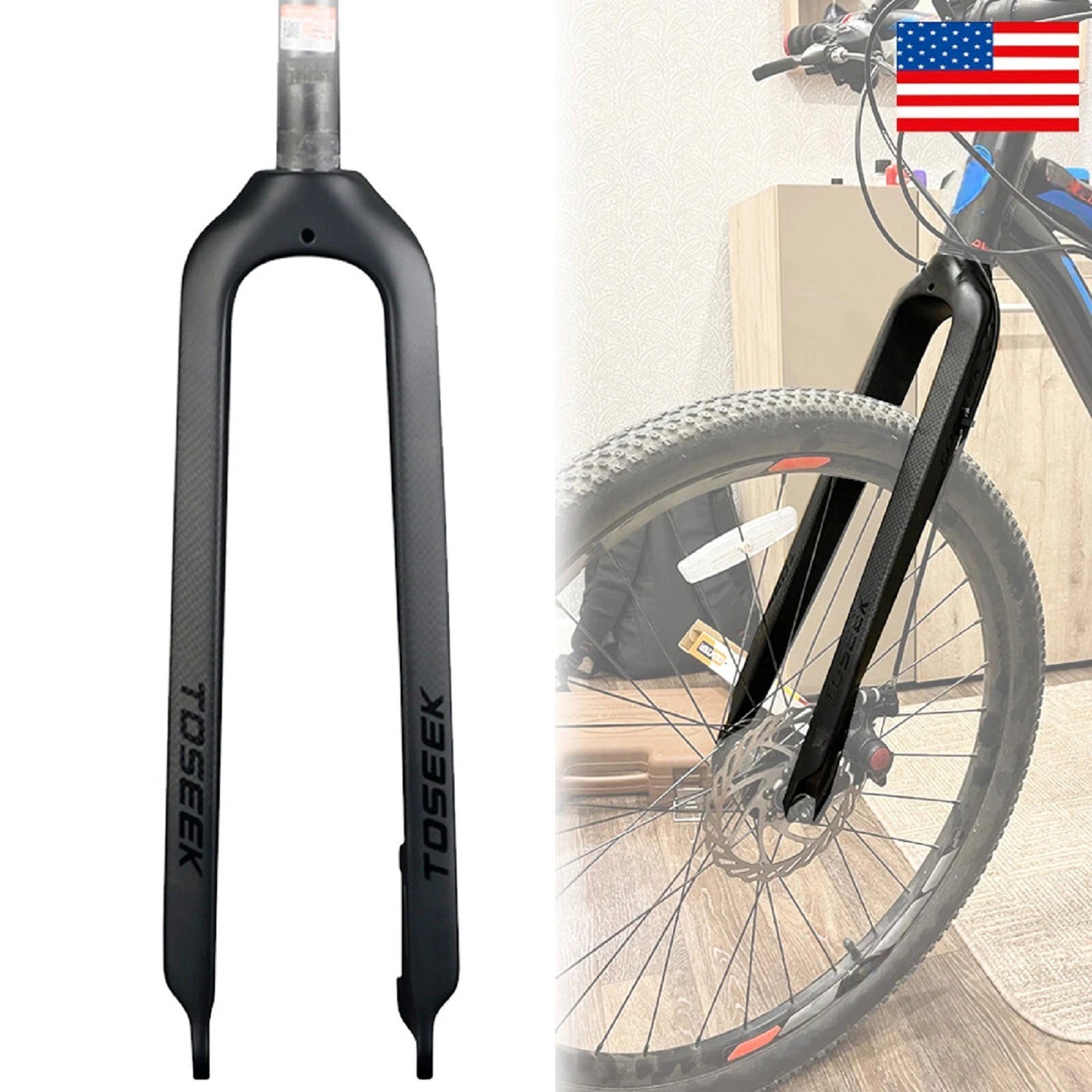 29″ 1-1/8″ Tossek MTB Front Fork Full Carbon Rigid Disc Brake Straight Tube