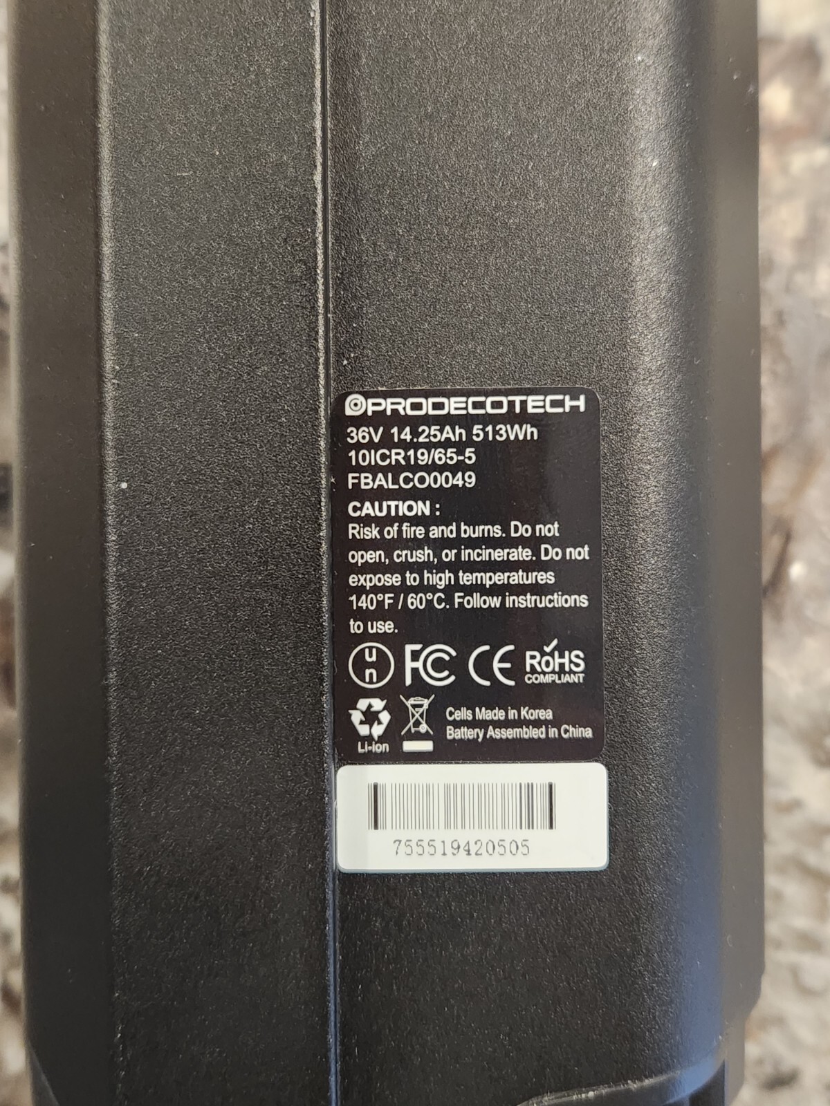 Prodecotech Reention Dorado 36V Electric Bike Downtube Battery 14.25 Ah 513 Wh