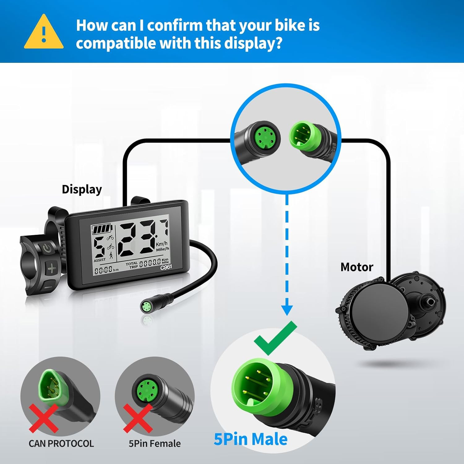 5 Pin Female Ebike LCD Display C961 for Bafang BBS01B BBS02B BBSHD Mid Drive Mot