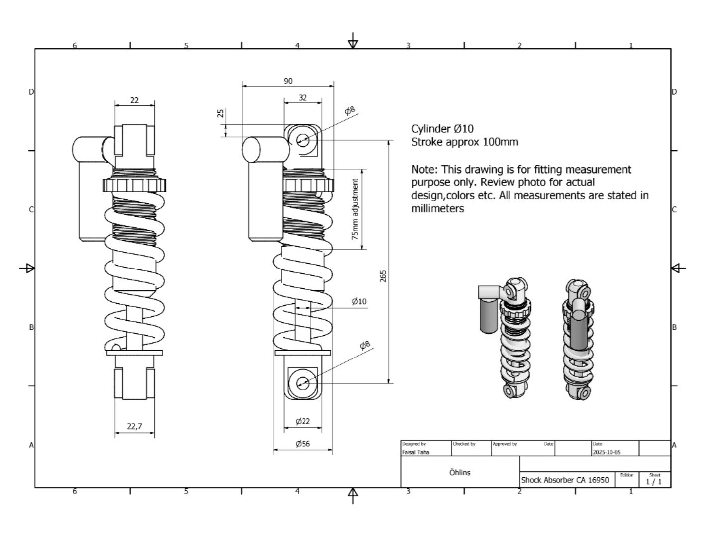 Ohlins TTX22M (267 x 89 mm) 10.5 x 3.5 inch Öhlins Measurement Drawing Attached
