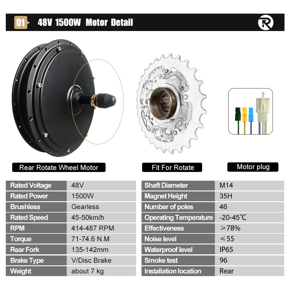48V 1500W Electric Bicycle Hub Motor Wheel 20-29inch 700C 135-142mm Dropout