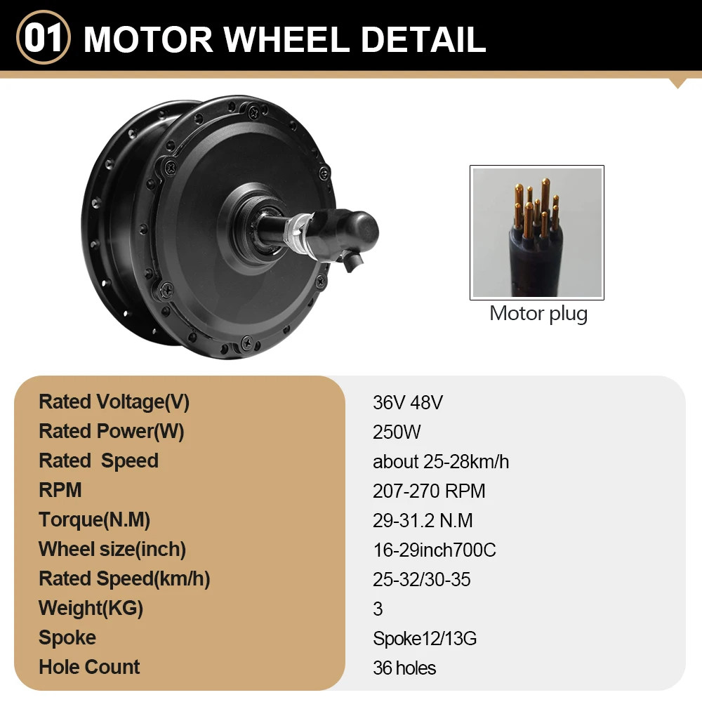 E-bike Conversion Kit 36V 250W 48V Brushless Rear Rotate Hub Motor Wheel
