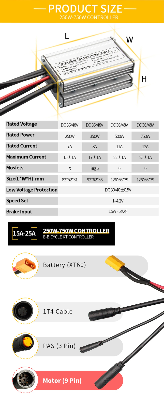 Electric Bike Waterproof Brushless Controller 36V 48V 250W 350W 500W 1000W Motor