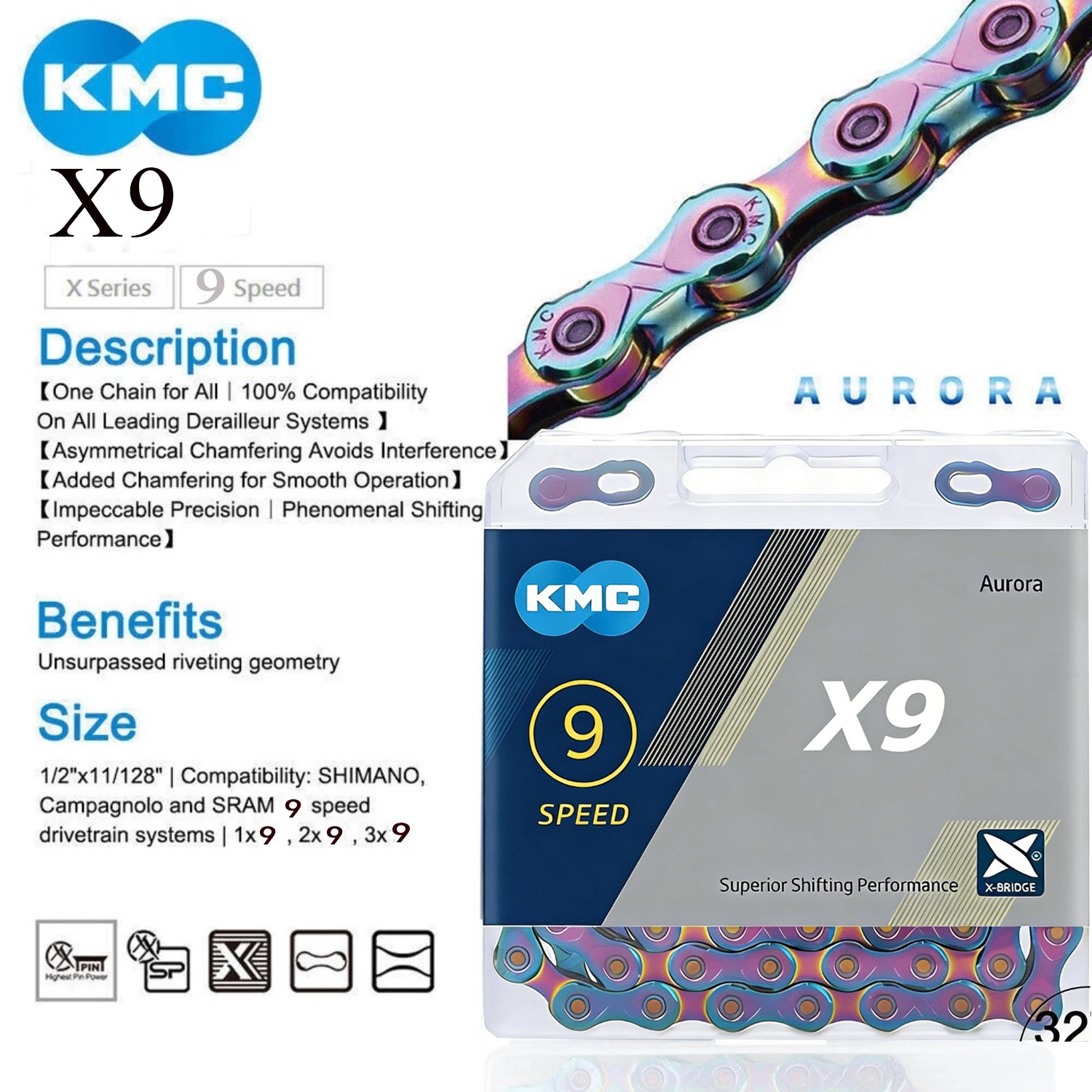 KMC Aurora X9 Chain 9 Speed 116 Links MTB Road Bike Rainbow Magic Link