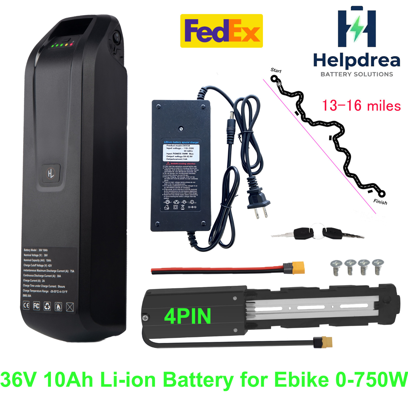4PIN 36V 10.4Ah Ebike Lithium Battery w/USB Port for 750W Electric Bike Lockable