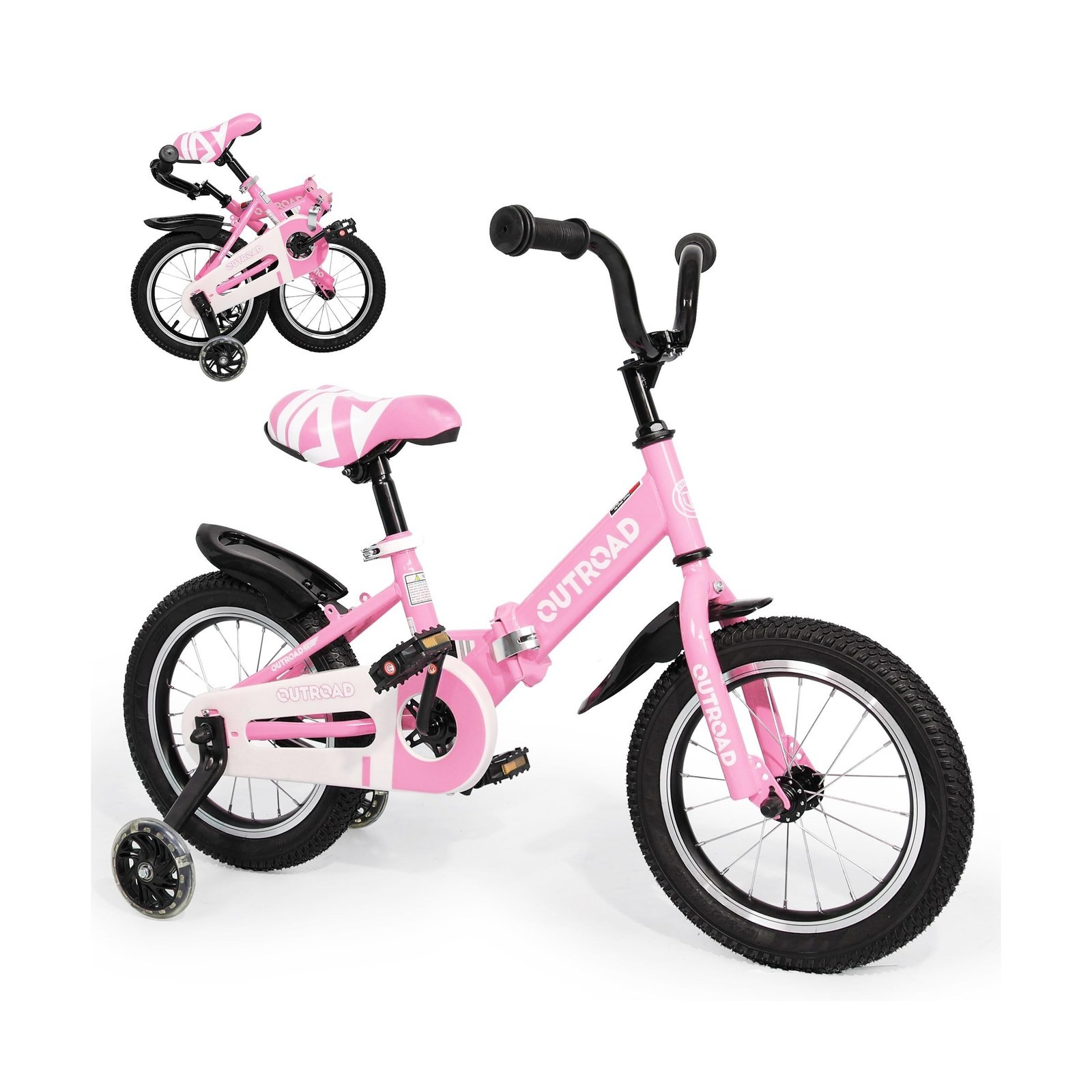 14 Inch Folding Kids Bike w/ Training Wheels, Gifts for Girl&Boy Age 3-10 Years