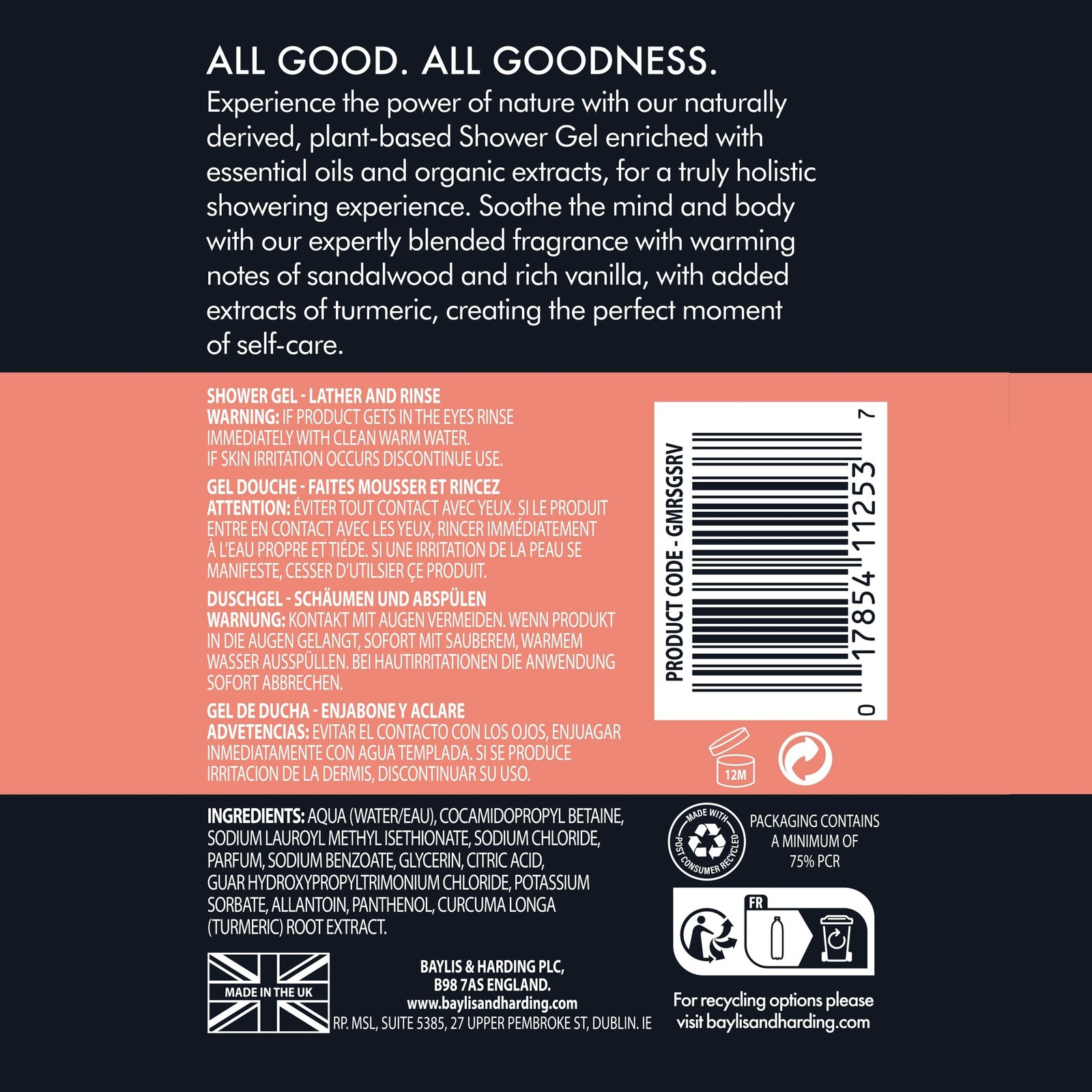 Baylis & Harding Goodness Men’s Sandalwood & Vanilla Natural Body Wash, 16.9 …