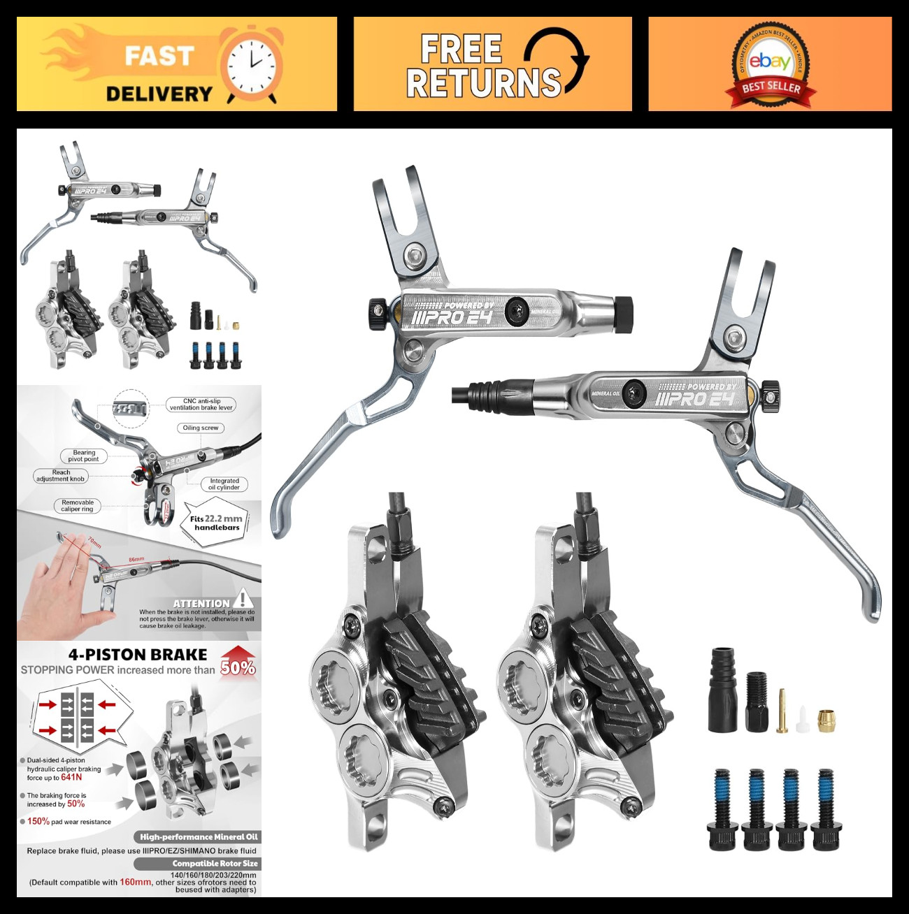BUCKLOS MTB 4-Piston Hydraulic Disc Brake Set Front Rear Pre-Bled