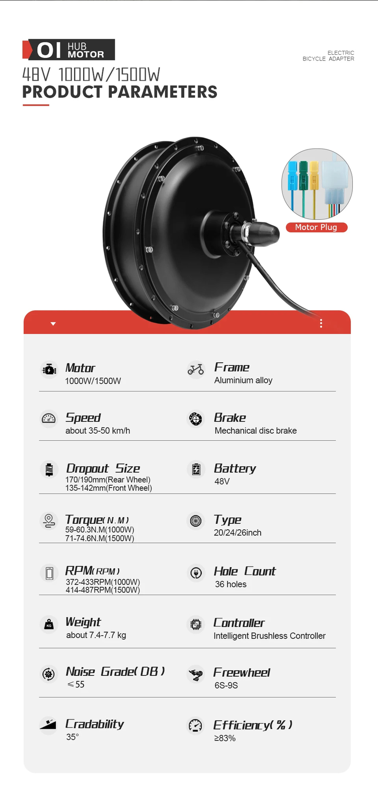 48V 1000W 1500W 20 24 26in Snow Ebike Fat Brushless Nongear Front Rear Hub Motor