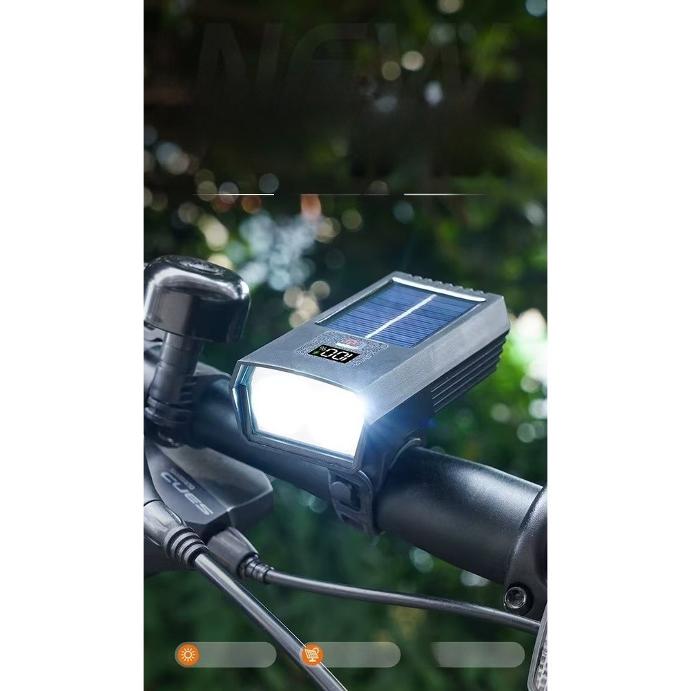 Bicycle Front Light Solar USB Rechargeable Smart Display For battery Level