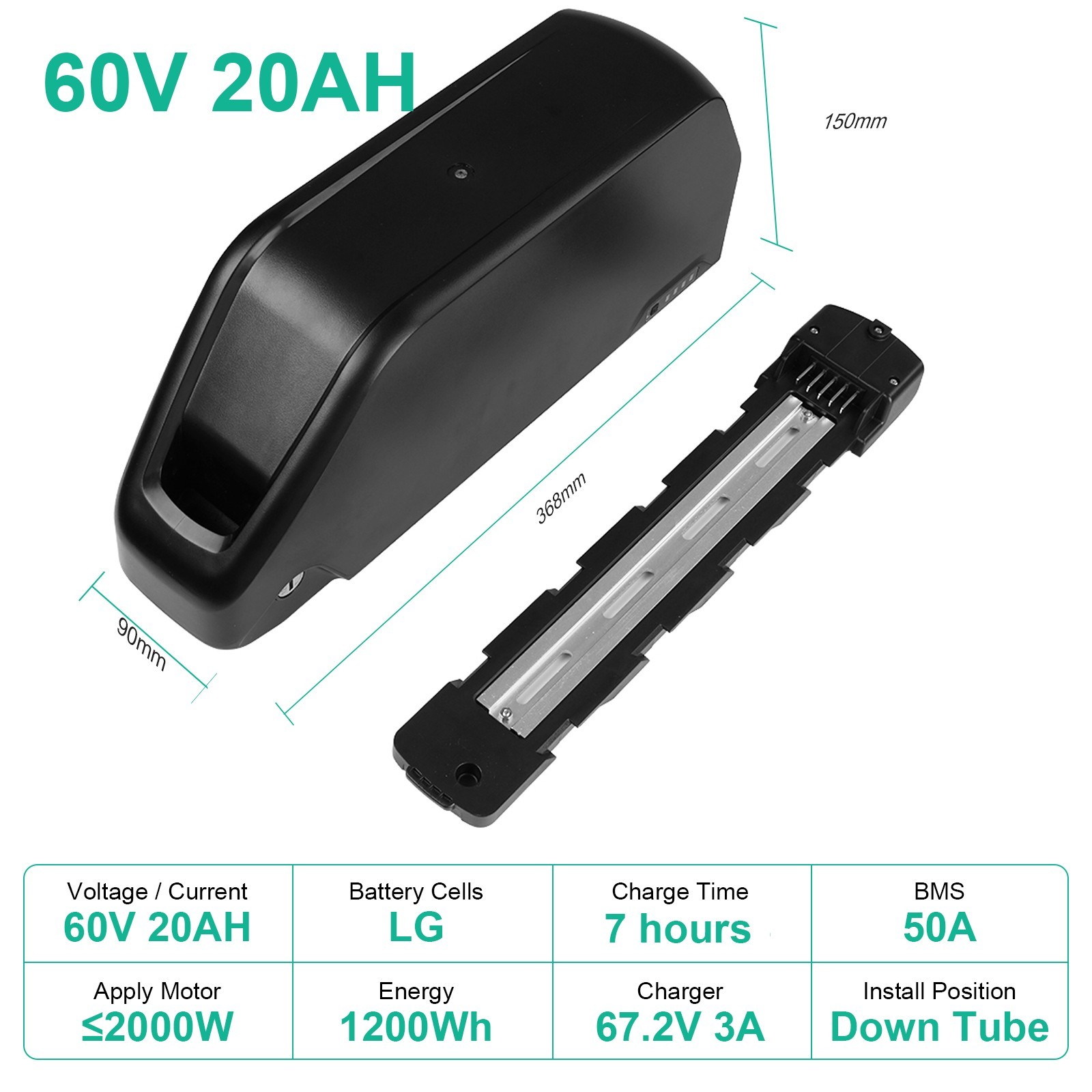 Ebike Battery 60V 19.Ah LG Cells Li-ion Pack for 250w-1500W Electric Bike Motor
