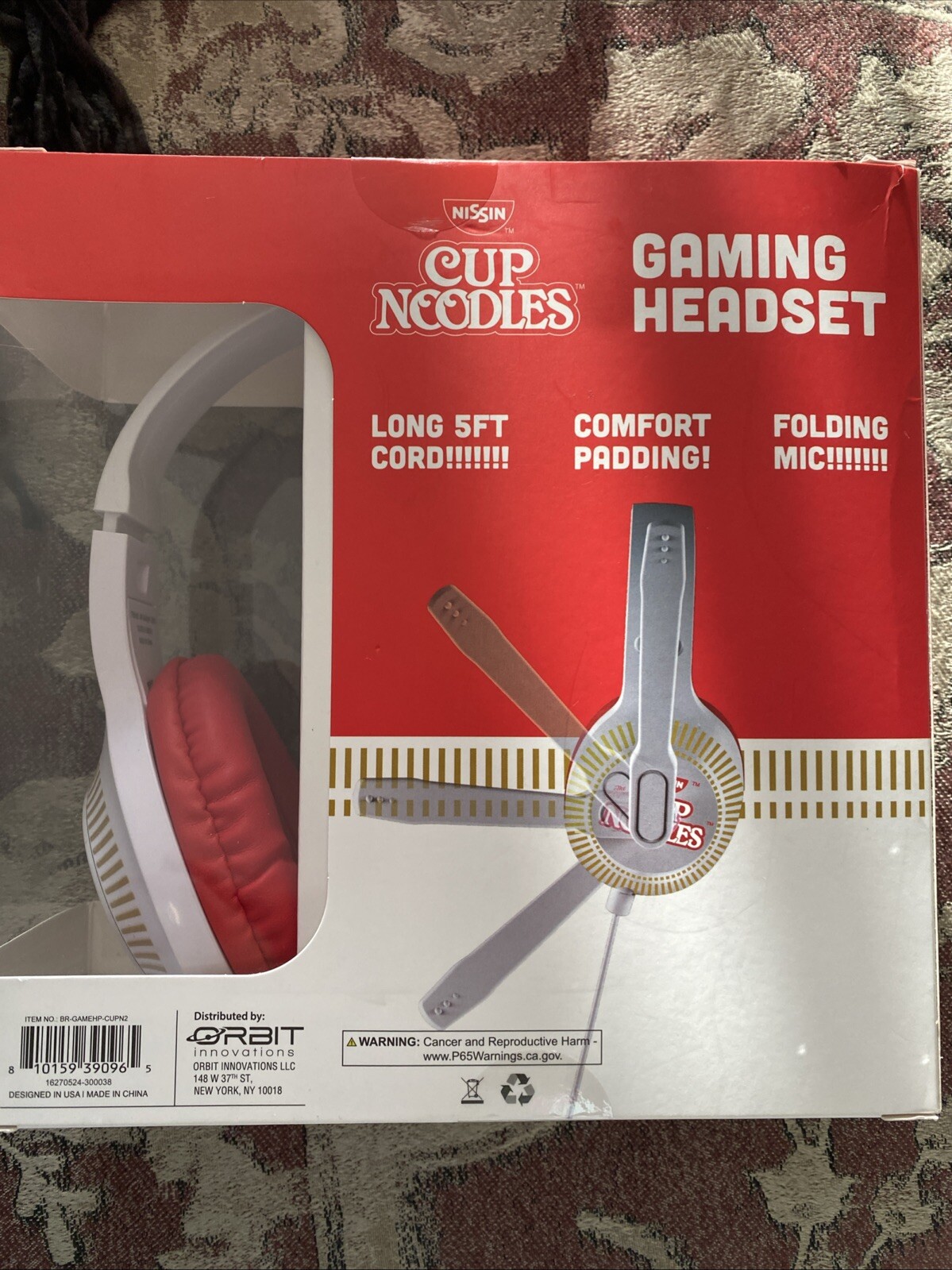 Cup Noodles Red/White Gaming Headset Wired/folding Mic 5ft Cord