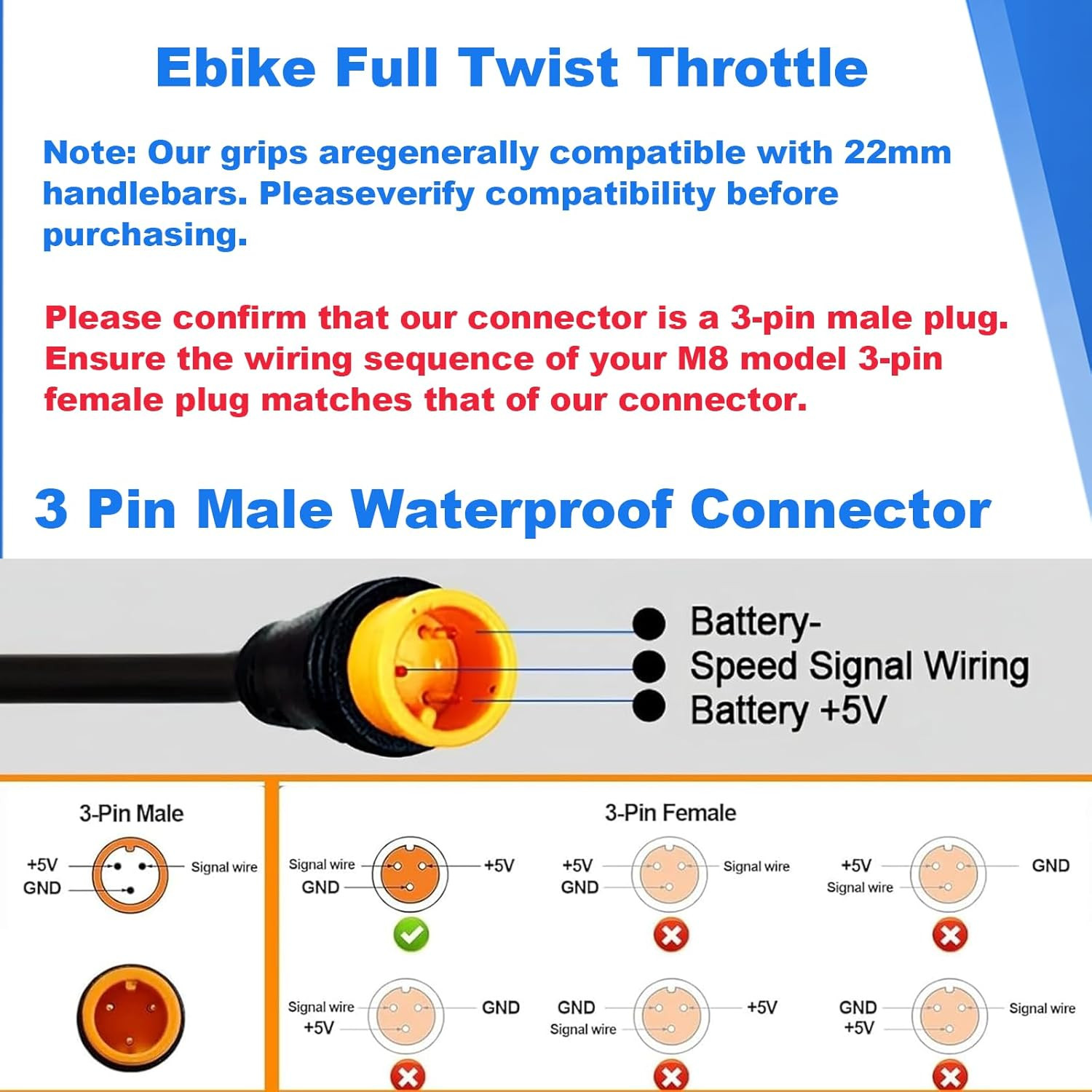 Ebike Full Twist Throttle for Macfox, 3 Pin Surron Style Throttle Grip Kit 12V-7