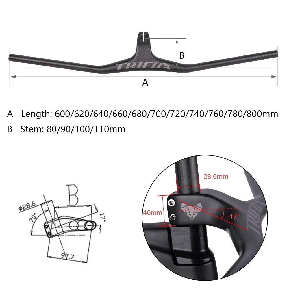 Angle-17° MTB Bicycle One-shaped Integrated Handlebar Stem 3K Matte 600-800mm