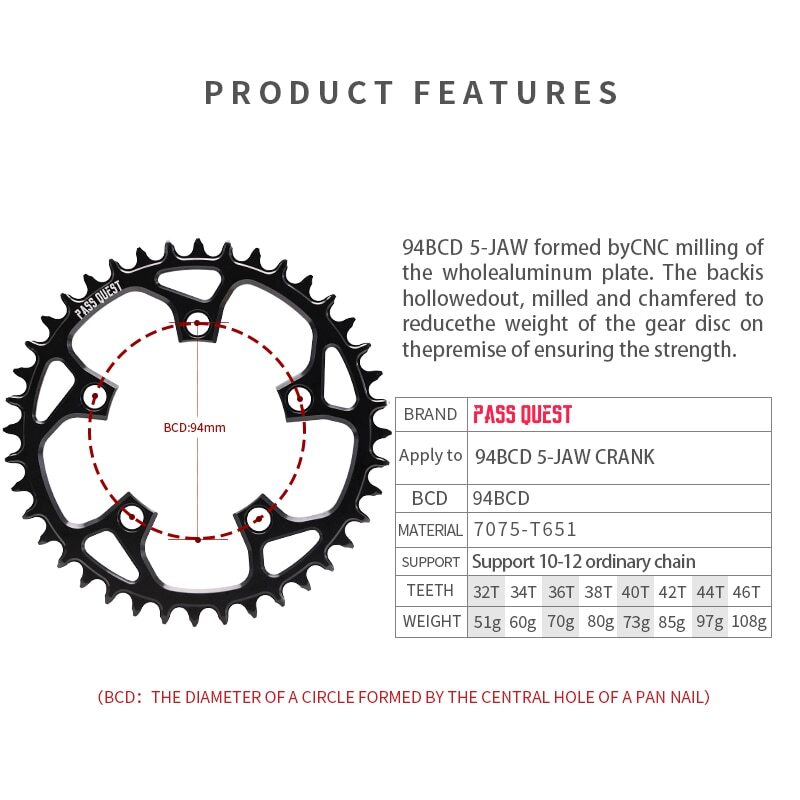PASS QUEST 94 BCD -5Arm Bicycle Chain wheel ROUND Narrow Wide Chainring 32-46T