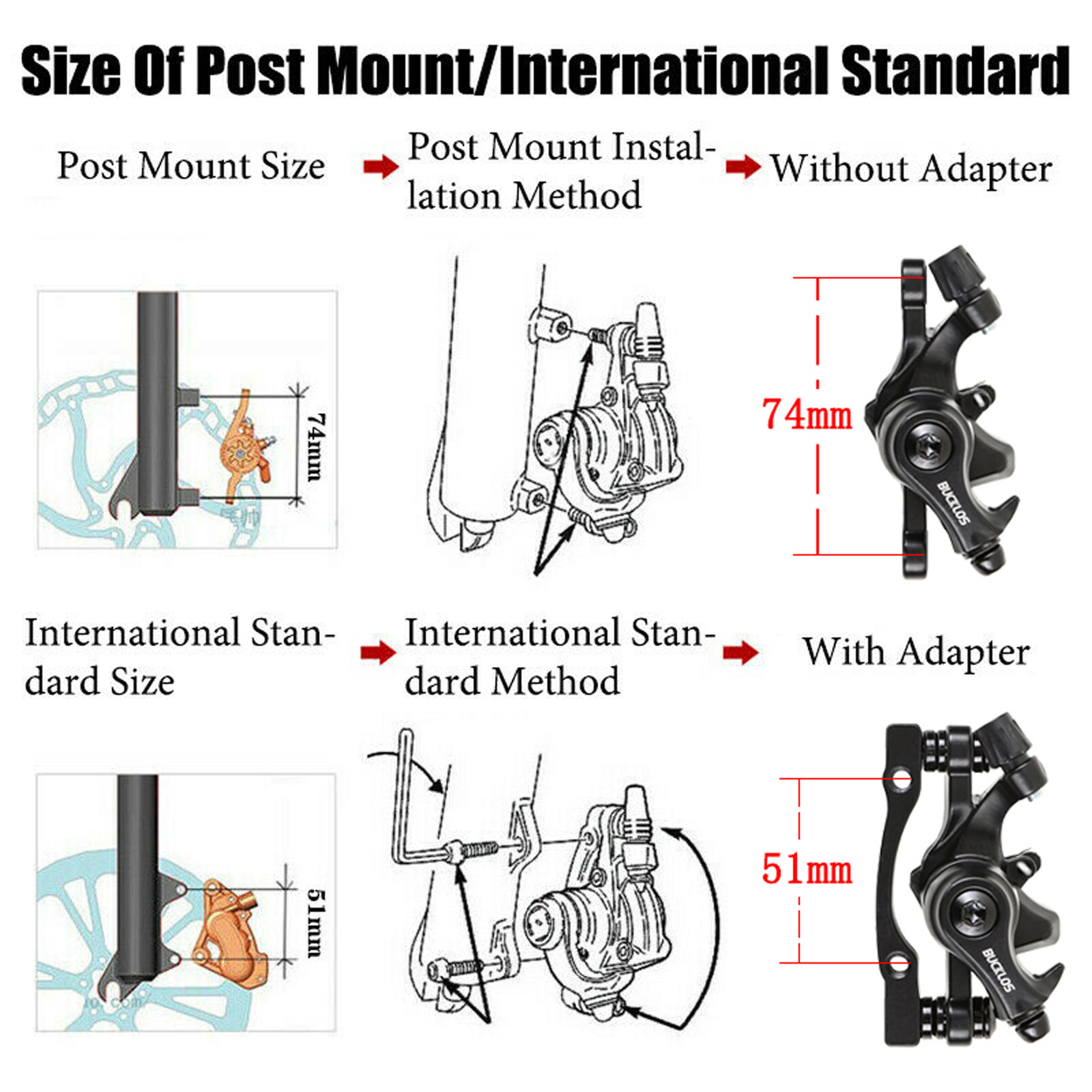 BUCKLOS Mountain Bike Front Rear Hydraulic Disc Brake IS/PM 160mm Caliper Levers