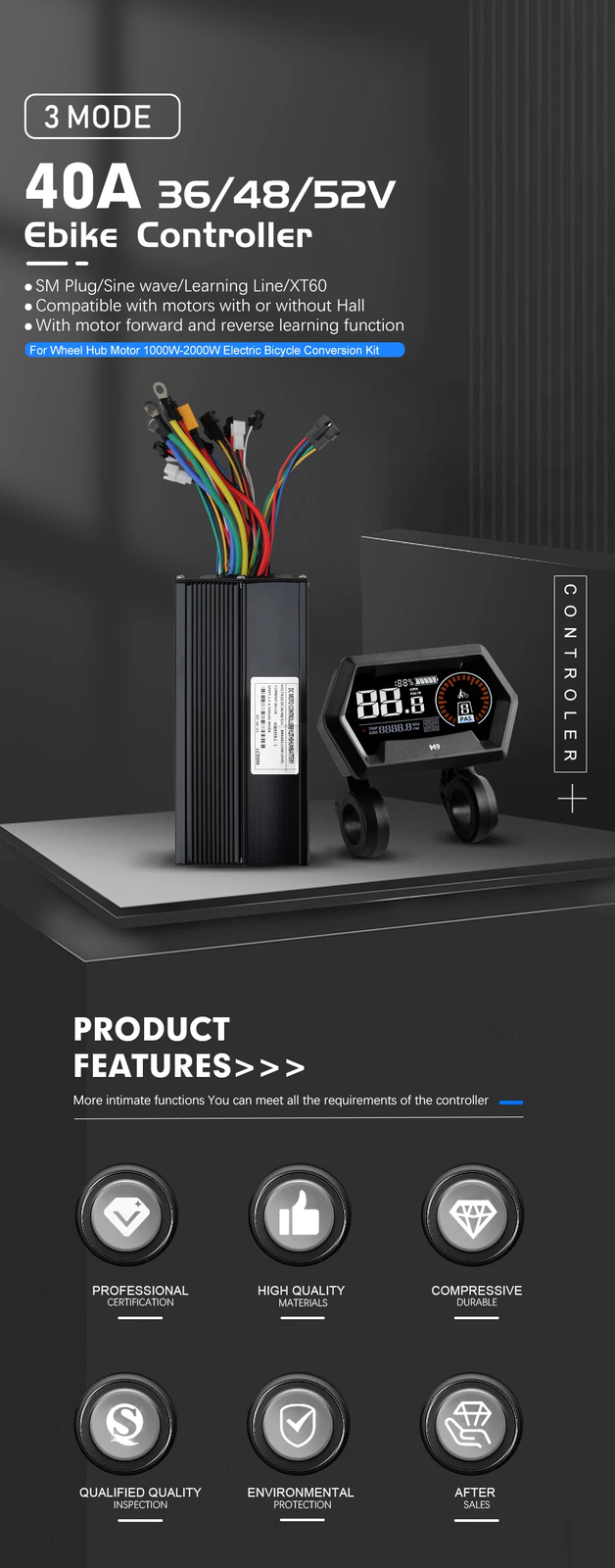 Ebike Sine Wave Controller 36V 48V 52V 40A Three-Mode with S866 S966 LCD Display
