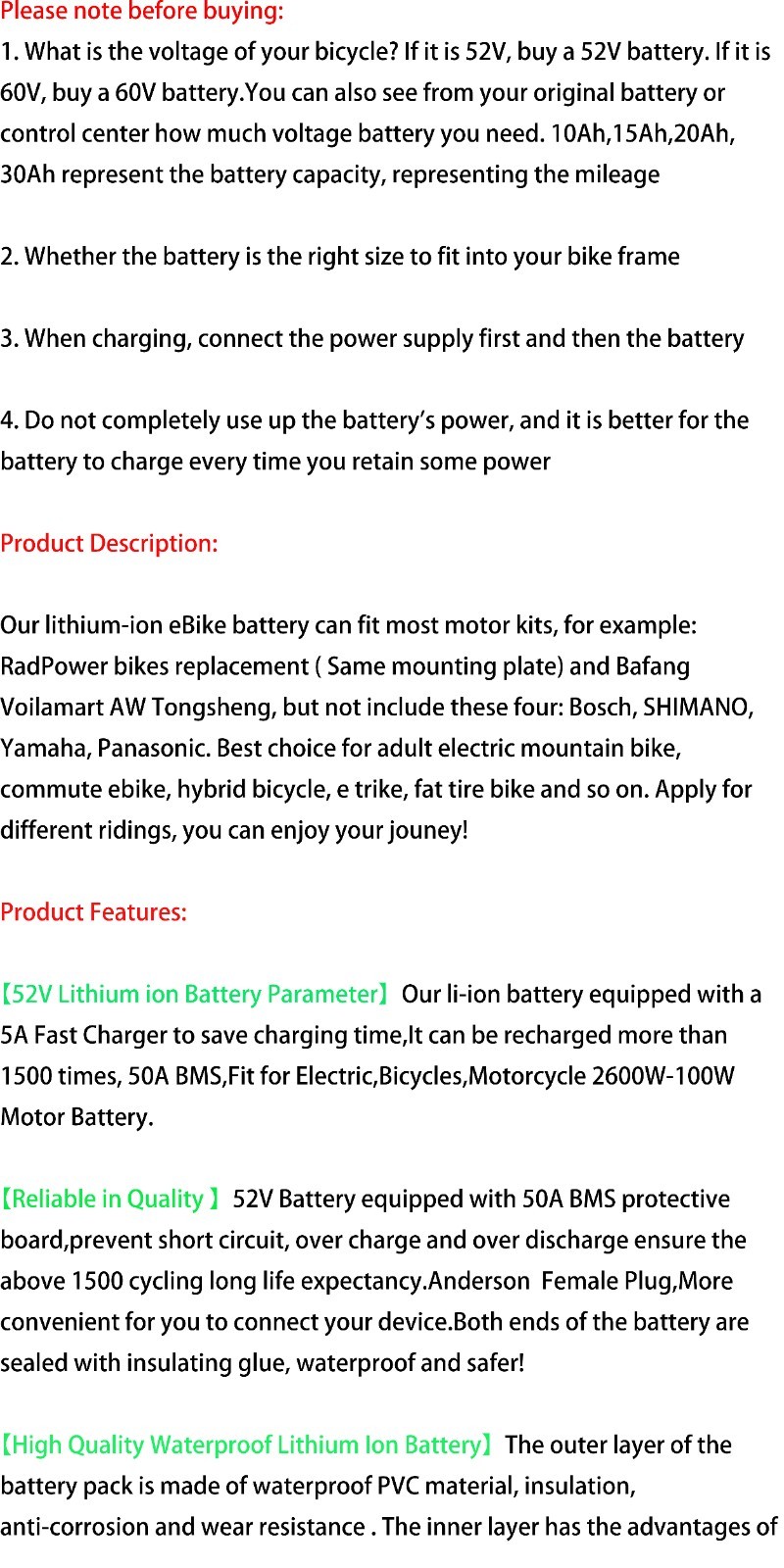 52V 20Ah 30Ah Lithium-ion ebike Battery 200W-2600W Scooter Electric Bicycle Bike
