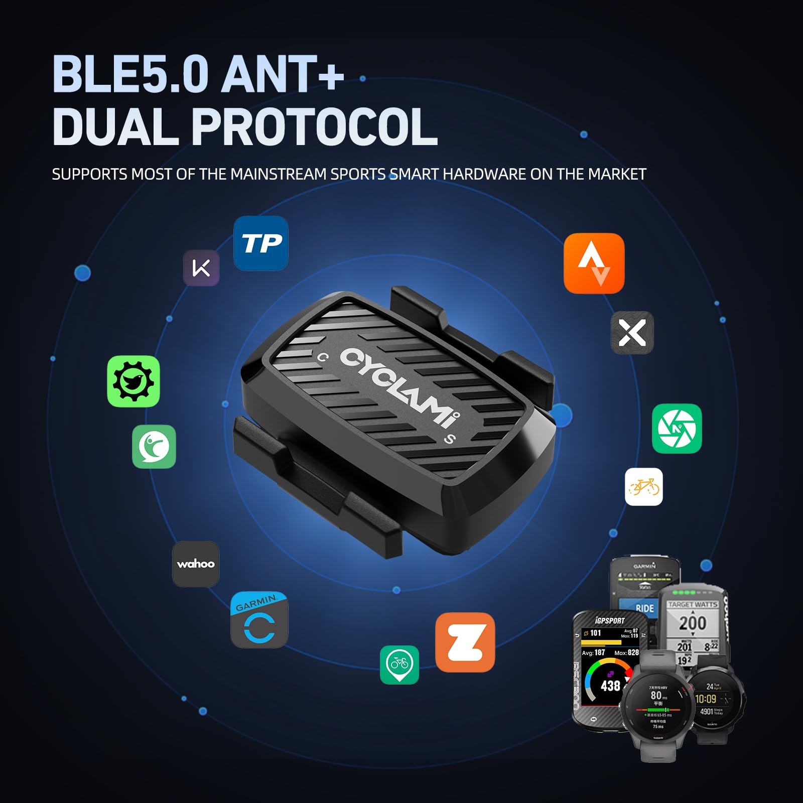CYCLAMI Bike Speed/Cadence Sensor ANT+ & Bluetooth RPM Cycling Small, BLACK