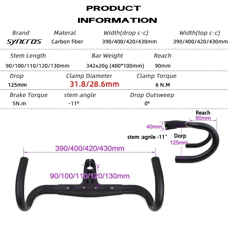 Carbon Road Bicycle Handelbar with Washers Diameters 31.8/28.6mm Bicycle Parts