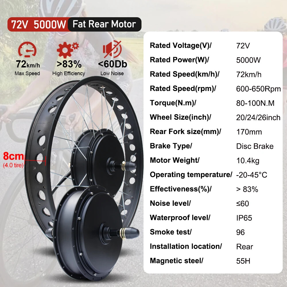 72V 5000W Snow Electric Fat Bike Kit 20/24/26inch Brushless Rear Hub Motor Wheel