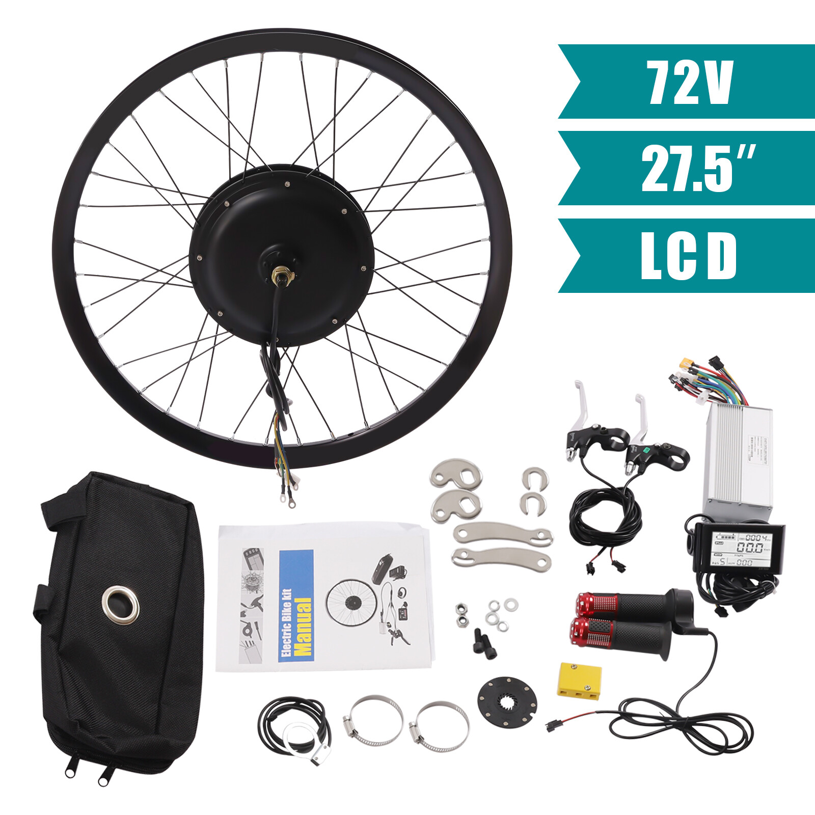 27.5» 72V 2000W Electric Bicycle Rear Wheel E-Bike Conversion Kit LCD Display