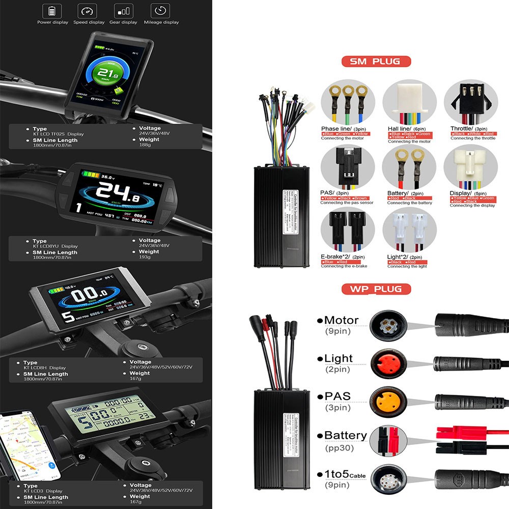 E-bike 36V/48V/52V KT 35A Sine Wave Controller w/LCD Display+Thumb Throttle Kits