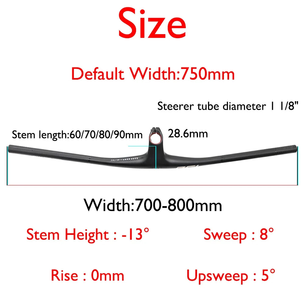 Full Carbon Integrated Handlebar MTB Cockpit 13 Degrees Stem 70/80/90mm * 750mm
