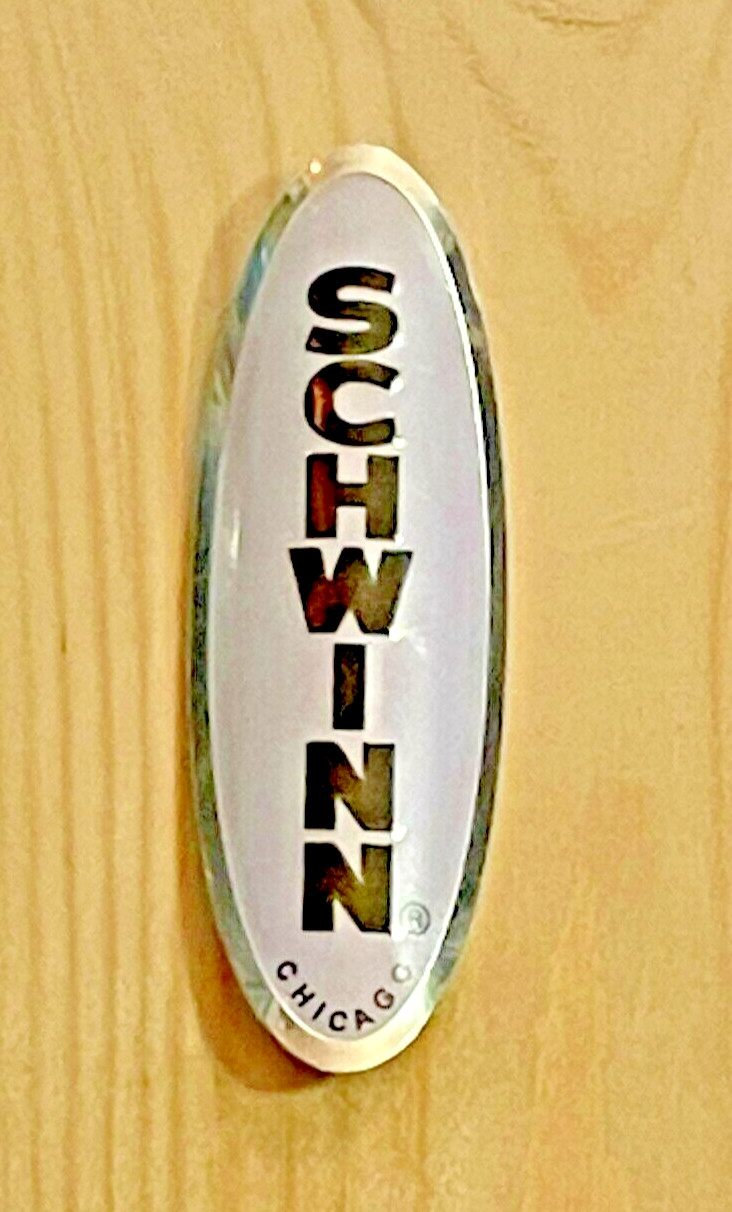 Schwinn Bike, Vintage Style, Chrome Head Badge, Black, White, Chrome, Curved NEW