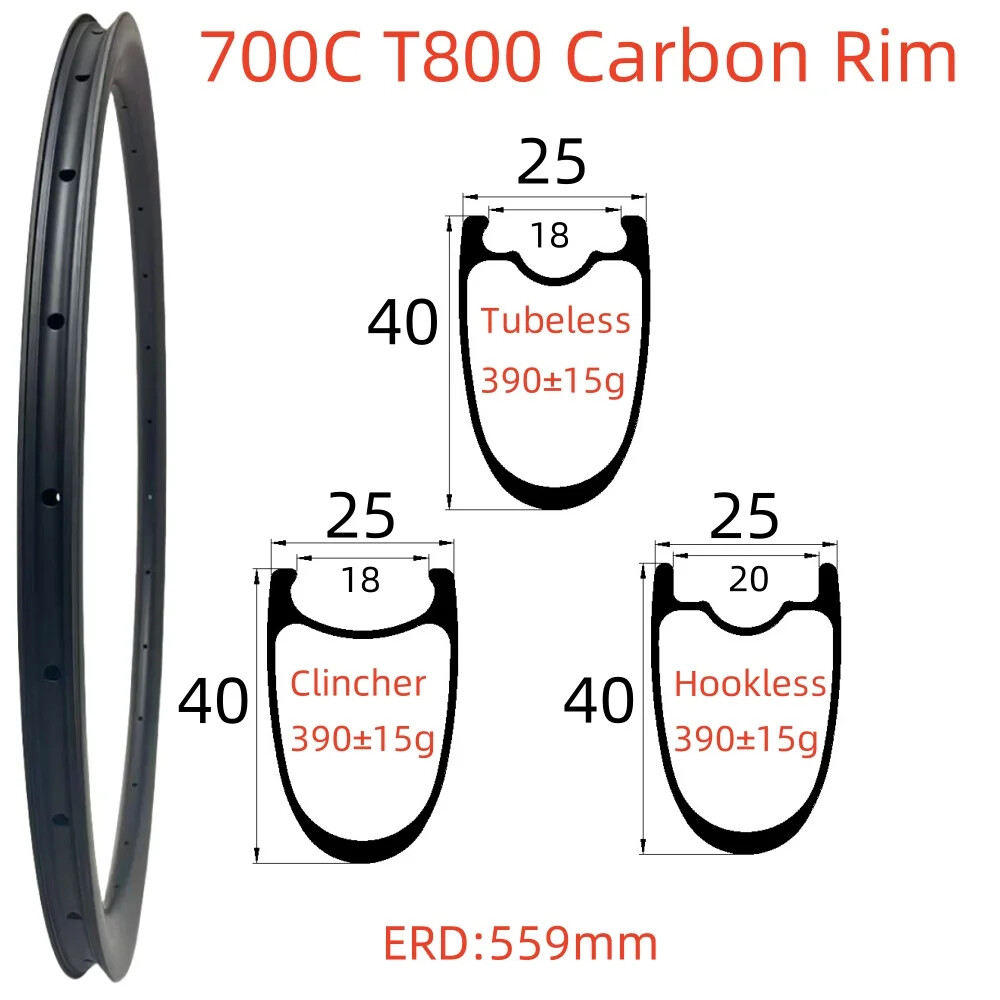 700C Carbon Fiber Symmetry Road Bike Rim 25mm Wide 40mm Depth Tubeless/Clincher