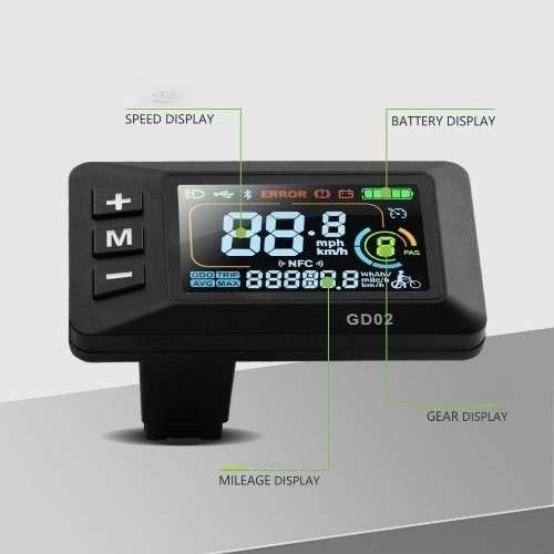 GD02 Color LCD Speed Display for E-Bike 24V-60V 5Pin SM/Waterproof Plug.