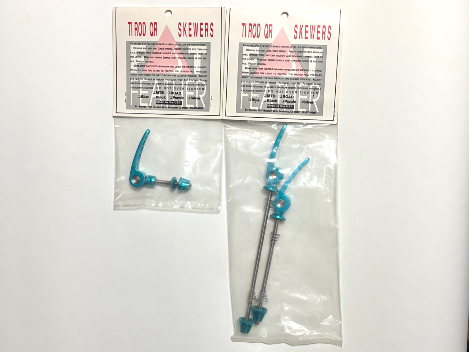 NOS FAT FEATHER Ti Rod QR Skewers Set Turquoise USA MTB 100/135mm