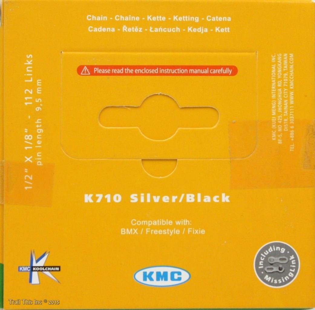 KMC K710 Kool Chain 1/2″ x 1/8″ 9.5mm Freestyle BMX Bike 112L Silver & Black