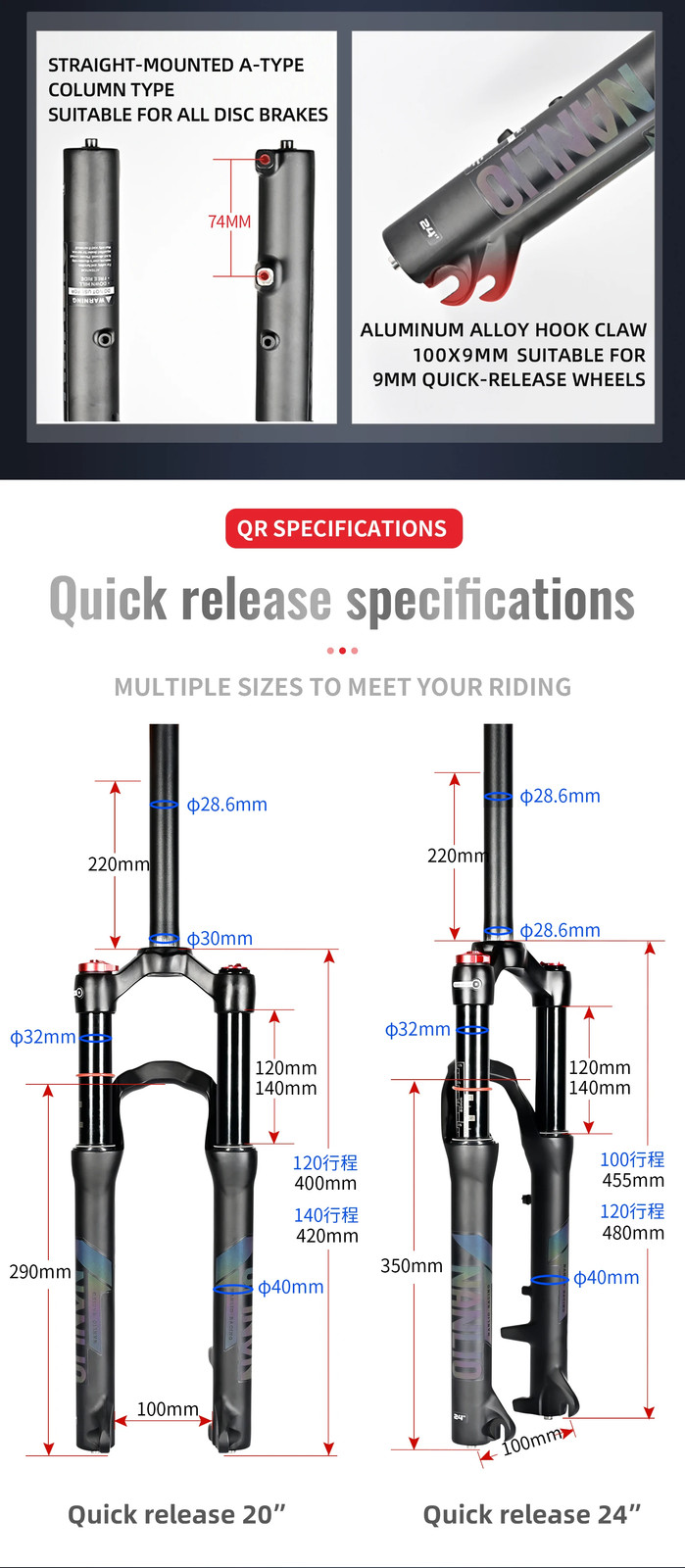 Youth Kids’ Mountain Bike Suspension Fork 20 24er 100-140mm Travel Oil Gas Fork
